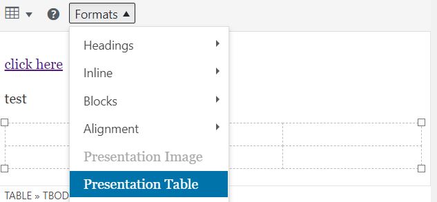 Example of setting a table as presentation only.